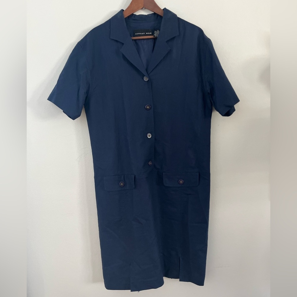 August Silk 100% Linen Navy Button Front Shirt Dress Lined Size 12 Midi Length